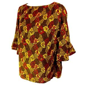 Vintage PHIL JACOBS Brown Tan Corduroy Print‎ Top Tunic Sz Medium Ruffle Grandma
